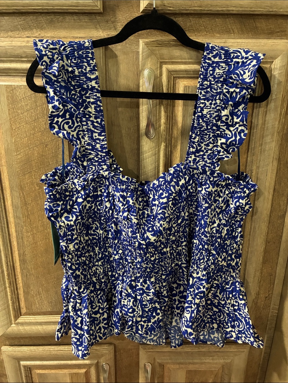 Terra & Sky Blue and White Floral Smocked Ruffle Tank Top